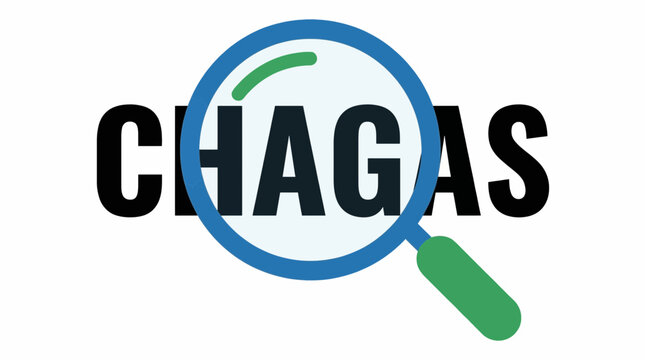 Simple clean flat vector of a magnifying glass over the word Chagas for search and discovery concepts