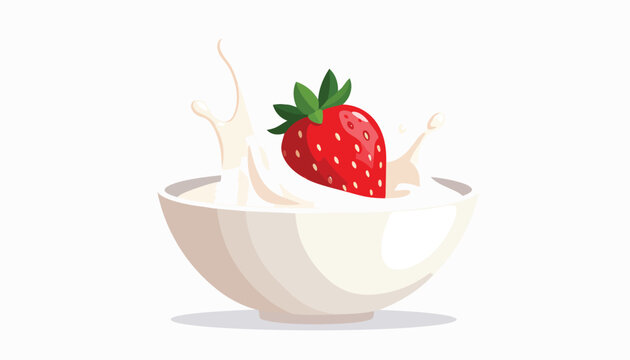 Bright red strawberry with flat milk splash minimal style clean shapes