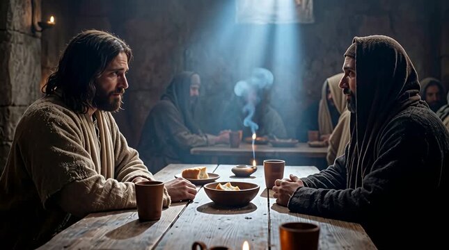 Tense profile of Jesus Christ handing the dipped morsel of bread to Judas Iscariot