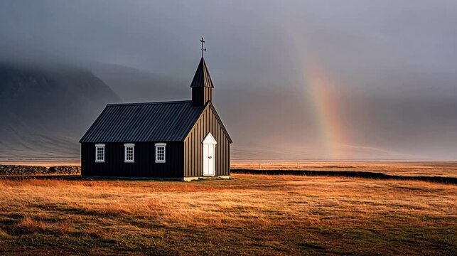 Black church in open field with rainbow