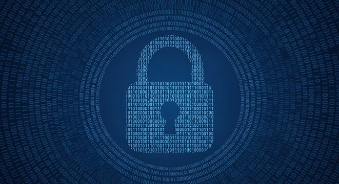 Digital padlock icon formed by glowing blue binary code streams representing data security encryption and protection concept on a dark background