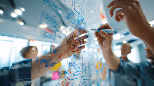 Dynamic business team collaboratively brainstorming and visualizing innovative ideas on a glass board, strategizing solutions and project concepts