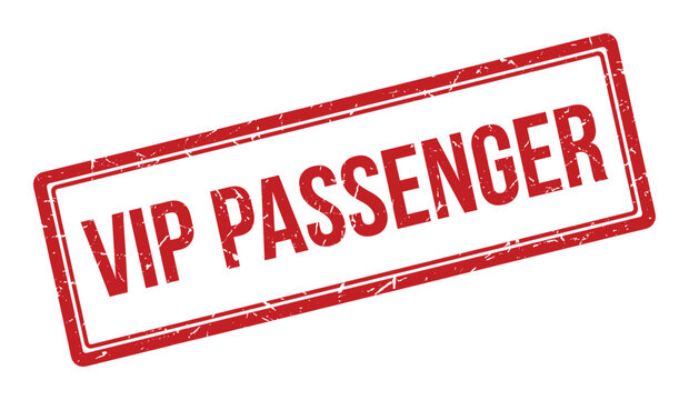 Red grunge rectangular vip passenger stamp with rough texture on transparent background for travel