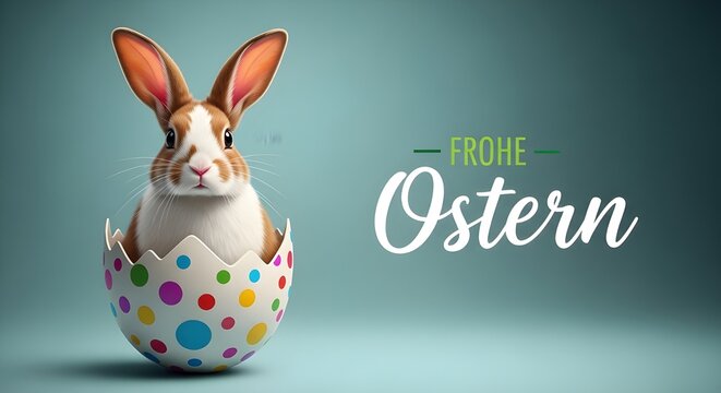 Frohe ostern konzept mit lustigem osterhasen im bunten osterei auf gr nem hintergrund ferien feiertag gru karte mit deutschem text