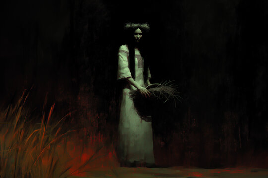 Slavic folk woman in white embroidered dress holding meadow grass in dark forest, eerie ritual portrait