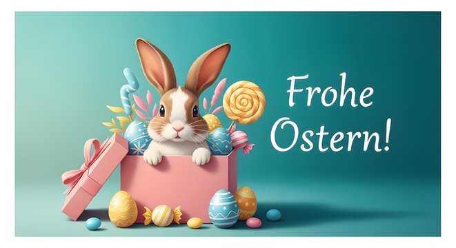 Frohe ostern konzept mit lustigem osterhasen im bunten osterei auf gr nem hintergrund ferien feiertag gru karte mit deutschem text