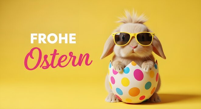 Frohe ostern konzept mit lustigem osterhasen in buntem osterei auf gr nem hintergrund ferien feiertag gru karte mit deutschem text