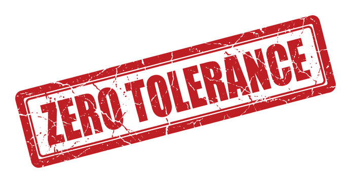Red grunge stamp with text zero tolerance, isolated on gray checkered background, graphic design element