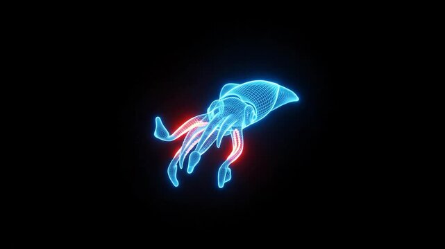 Abstract Neon Blue Squid Wireframe Animation with Red Tentacles.