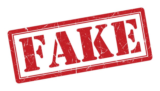 Red rubber stamp with word fake in uppercase letters on transparent background, grunge texture