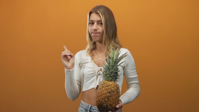 Young blonde woman holding pineapple and pointing finger with pursed lips and midriff exposed against orange backdrop in studio; wry skepticism.