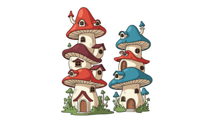 Fototapeta premium Village of whimsical mushroom houses with red and blue caps, chimneys, and small windows sits on a grassy base.