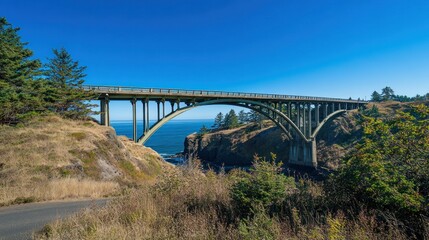 Obraz premium Coastal Bridge Overlooking Ocean, Sunny Day, Highway View