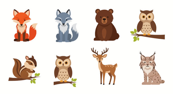 Vector illustration set of flat cartoon forest animals including red fox, grey wolf, brown bear, two owls on branches, a chipmunk, a deer with antlers, and a lynx bobcat on white.