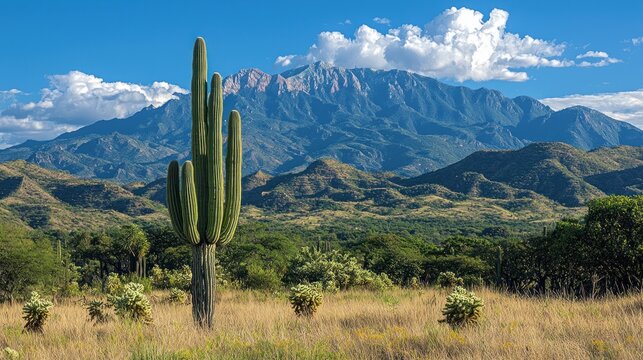Desert landscape with saguaro cactus and mountain range