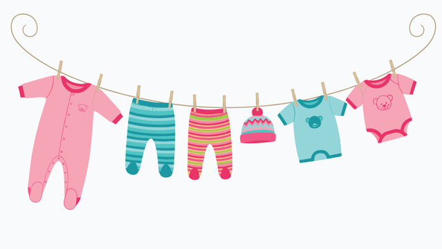 Assorted baby clothing items including onesie striped pants and a beanie hanging on a simple curved clothesline illustration.