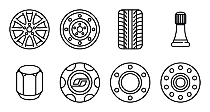 Vehicle wheel and tire maintenance icons featuring rim designs lug nut tire tread and valve stem