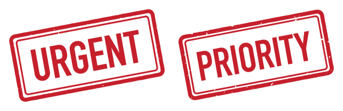 Urgent and priority red rubber stamps with grunge texture on transparent background