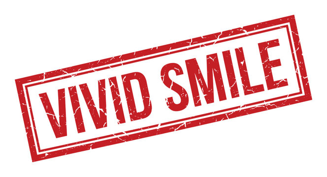 Vivid smile stamp, red grunge distressed rectangle, cheerful expression, positive emotion, dental care on transparent background