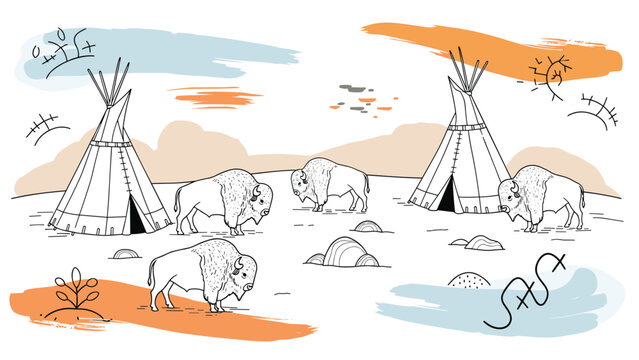 Hand drawn illustration of a native American scene featuring teepees grazing buffalo and various symbolic abstract markings.