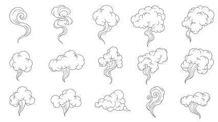 Obraz premium Set of various hand drawn smoke steam or cloud puff icons shown in a simple black and white line sketch illustration style.