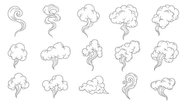 Set of various hand drawn smoke steam or cloud puff icons shown in a simple black and white line sketch illustration style.
