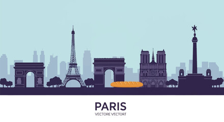 Obraz premium Vector illustration of the Paris city skyline silhouette featuring the Eiffel Tower, Arc de Triomphe, Notre Dame Cathedral, and July Column with a French baguette element.