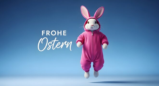 Frohe ostern konzept mit lustigem osterhasen in pinkem overall auf gr nem hintergrund ferien feiertag gru karte mit deutschem text
