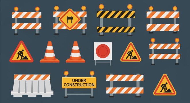 Vector illustration collection of road construction safety equipment featuring orange traffic cones, striped barricades with warning lights, triangular signs, and concrete safety barriers.
