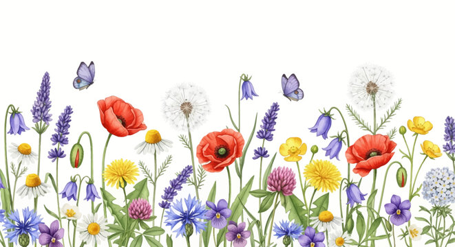 Watercolor illustration of a horizontal wildflower meadow border featuring red poppies, lavender, daisies, dandelions, blue cornflowers, bluebells, clover, and purple butterflies.
