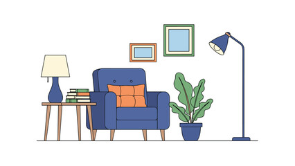 Fototapeta premium Cozy and modern living room interior design featuring a blue armchair, side table, stylish lamp, books, and a potted plant in a flat style.