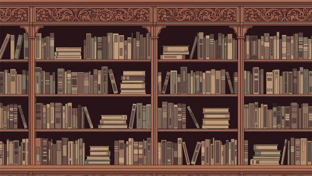 Extensive view of a classic library interior with ornate wooden bookshelves packed with thousands of antique books and manuscripts.