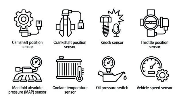 Automotive engine sensors icons set isolated on white background for car diagnostics and repair