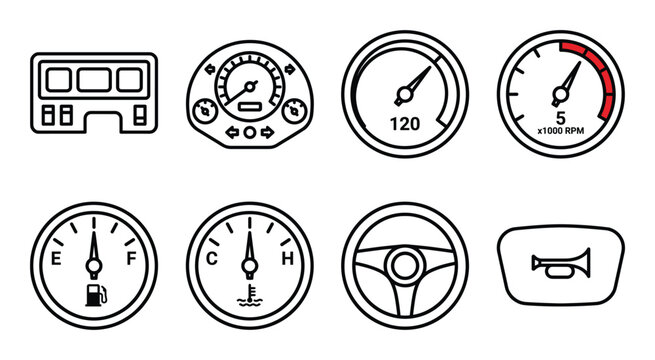 Car dashboard instruments and steering wheel vector set isolated on transparent background. Vehicle