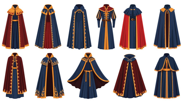 Large set of medieval fantasy cloaks and robes in various colors and designs for characters in games or historical illustrations.