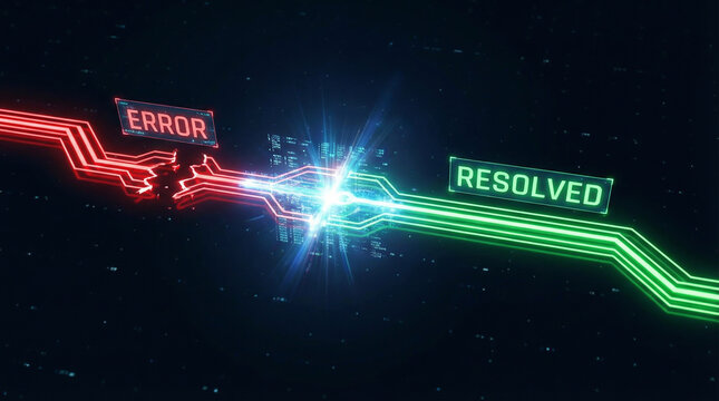 Digital Technology Concept of Error Correction and Problem Resolution with Glowing Circuit Lines