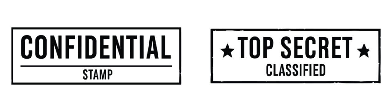 Confidential and top secret classified stamp. Important private information security label.