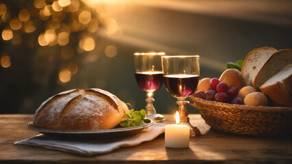 Naklejka na ściany i meble Symbolic Maundy Thursday or Last Supper scene with bread, wine, and candle, representing Holy Communion, sacrifice, and unity in Christian tradition.