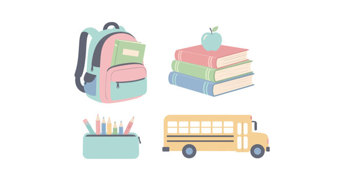 Back to school collection with backpack, books, pencil case and school bus vector illustration for education and learning design
