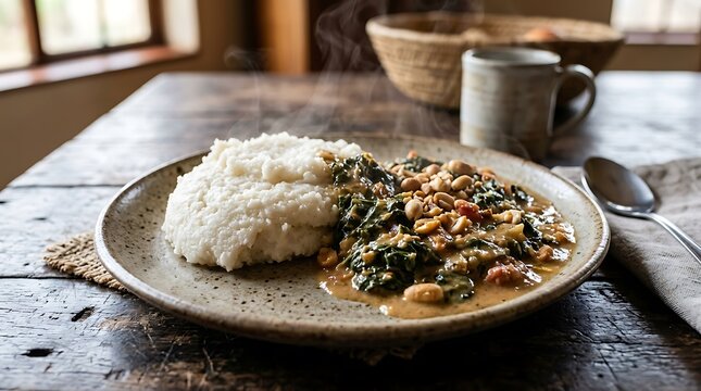 Delicious and hearty ugali with vegetables and peanut sauce, a traditional African meal served on a rustic plate