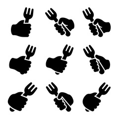 Obraz premium Collection of Black and White Hand Holding Fork Icons for Food and Dining Themes.