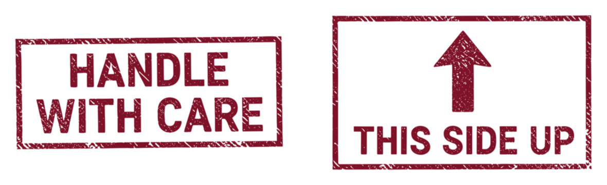 Handle with care and this side up red rubber stamp set on transparent background shipping labels