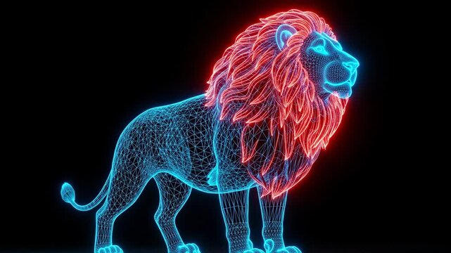 Majestic Lion Wireframe Animation with Neon Glow Effect.