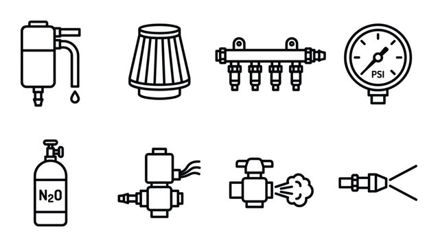 Performance car parts, fuel system, air intake, nitrous oxide system outline icons