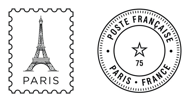 Paris France postage stamp and circular postmark featuring eiffel tower illustration and star icon