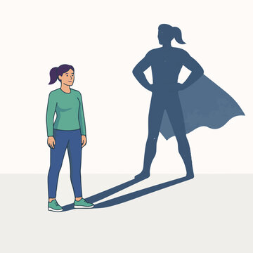 Self Confidence Concept Illustration, Woman Seeing Superhero Shadow, Personal Growth Empowerment and Inner Strength Visualization Flat Vector Design