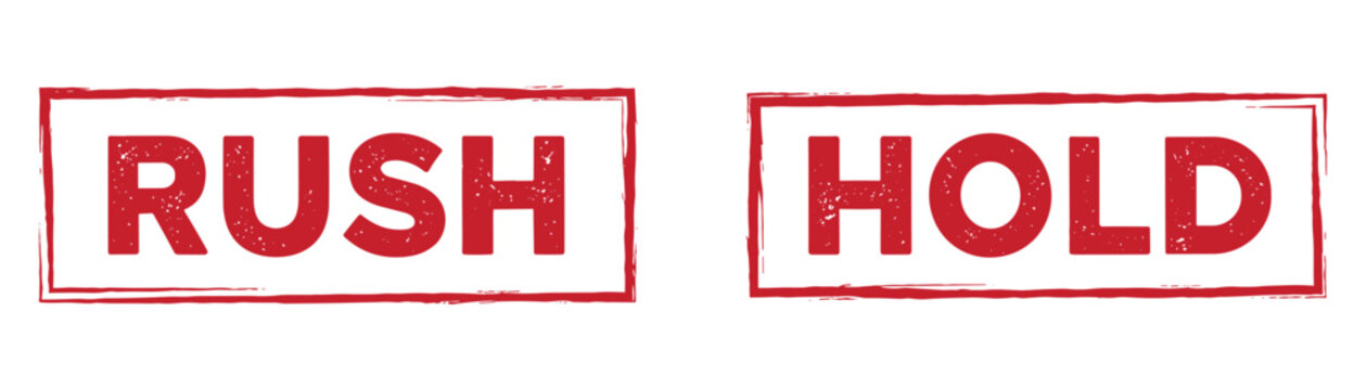 Red rush and hold rubber stamp icons set on transparent background in grunge weathered vintage style