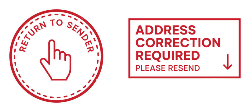 Return to sender and address correction required red stamps with icons on transparent background mail issues