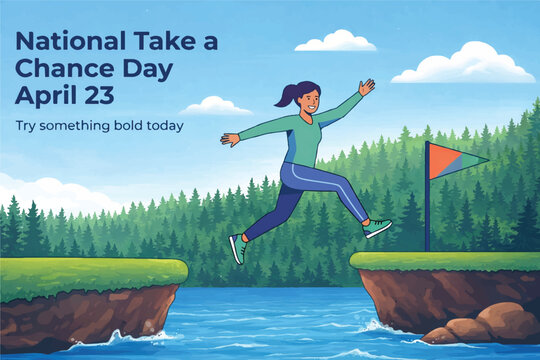 National Take a Chance Day April 23 Motivation Illustration, Woman Jumping Across Cliff, Courage Risk Taking and Personal Growth Concept Flat Vector Design