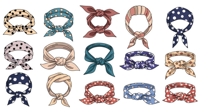 Selection of diverse patterned hair bandanas and neck scarves tied in various knots for fashion and accessory styling.